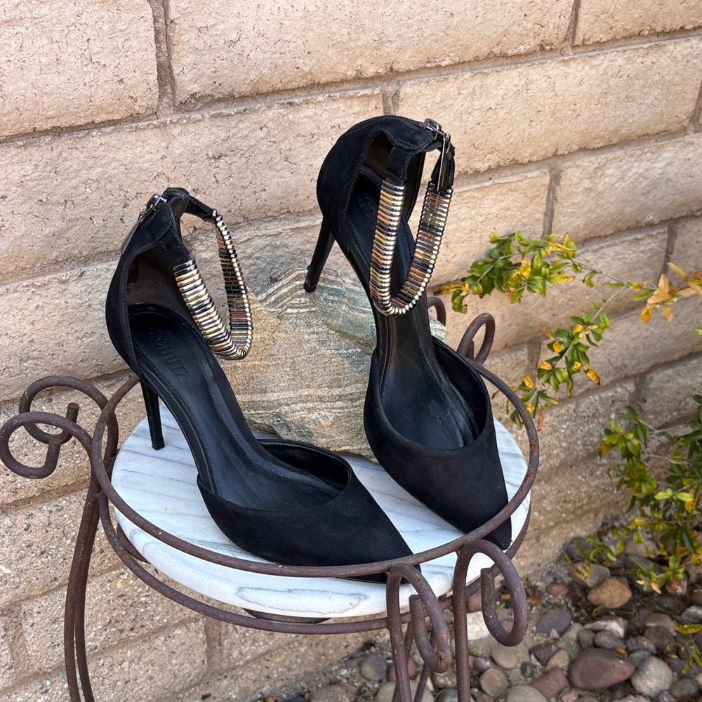 Elegant Black Women's Heels with Beaded Ankle Strap